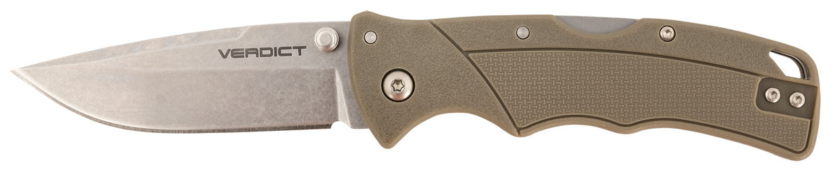 Cold Steel Verdict Folding Knife, 3" Spear Point Stonewashed 4116 Blade, Brown GFN Handle with Belt Clip