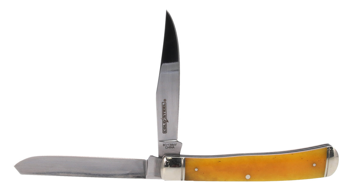 Cold Steel Trapper Folding Pocket Knife, 3" Clip/Spey 8Cr13MoV Blades, Yellow Bone Handle and Polished Bolsters