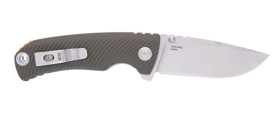 S.O.G Tellus ATK Frame Lock Folding Knife 3.50" Cryo 440C Stainless Blade Olive Drab Textured GRN Handle Belt Clip