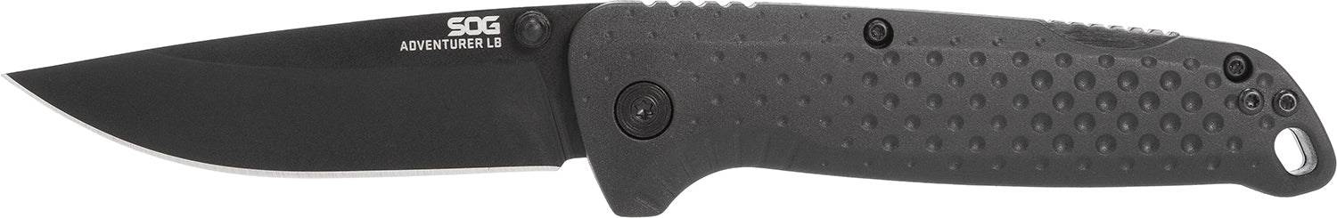 S.O.G Adventure LB Folding Knife 3.50" Drop Point 5Cr15MoV Stainless Blade Black TiNi Finish Black GRN Handle
