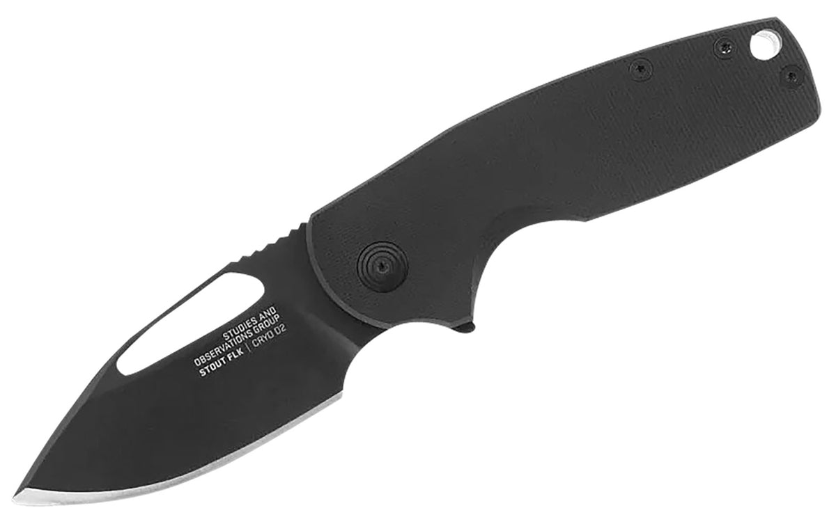 S.O.G Stout FLK Framelock Folding Knife 2.62" Clip Point Cryo D2 Blade Black TiNi Finish Black Textured G10 Handle