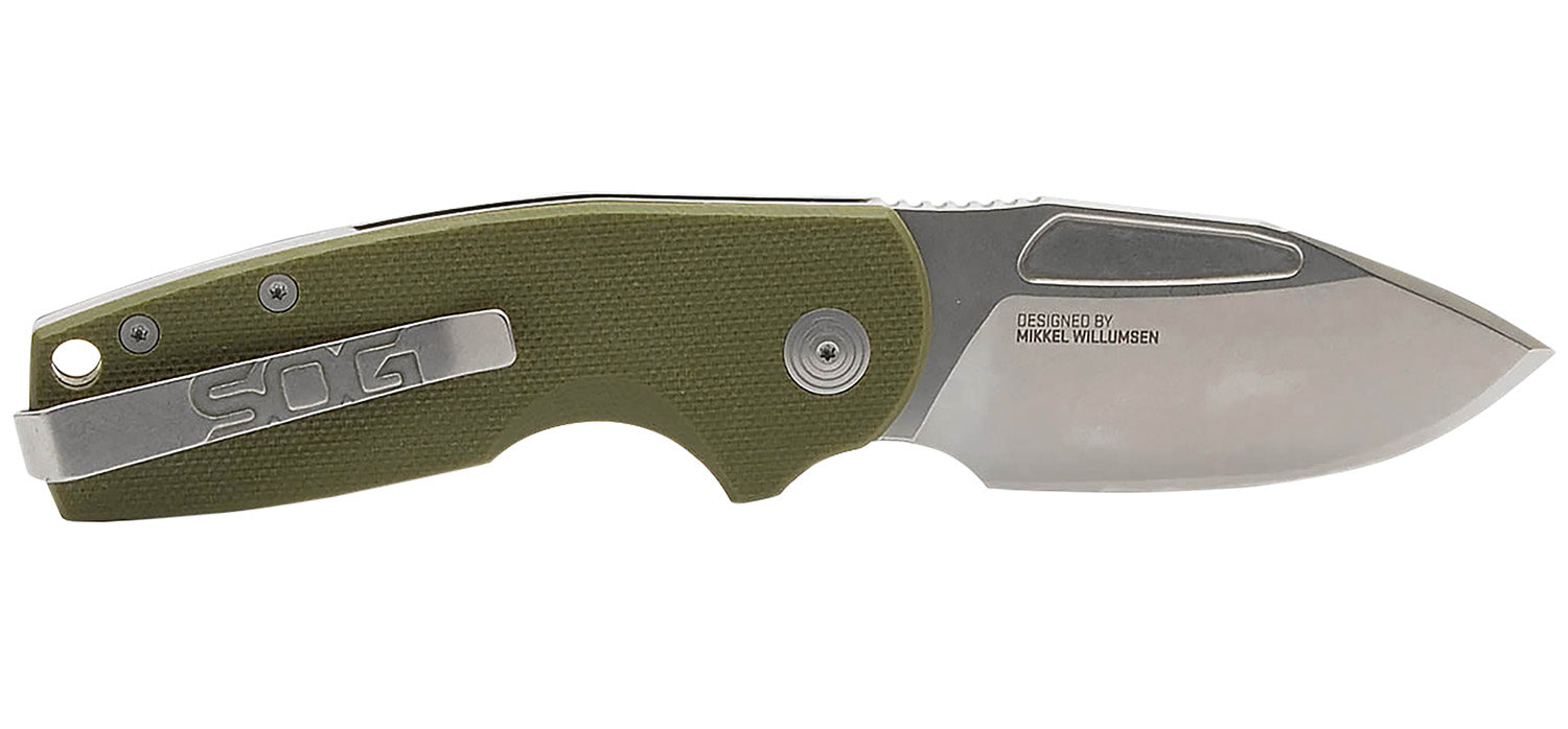 S.O.G Stout SJ EDC Folding Knife 2.60" Clip Point Cryo D2 Blade Stonewashed Finish Olive Drab G10 Handle Belt Clip