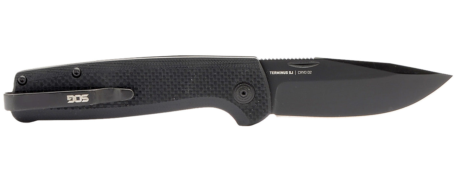 S.O.G Terminus SJ EDC Folder 2.90" Clip Point Plain Stonewashed D2 Blade Blackout G10 Handle International Carry Knife
