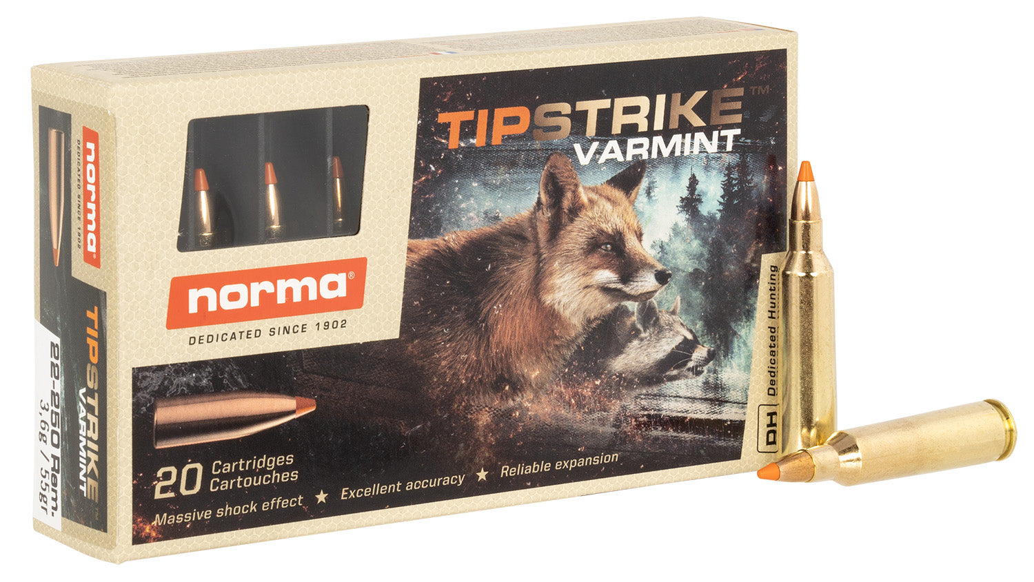 Norma .22-250 Remington Dedicated Hunting Varmint 55 grain Polymer Tip ammunition