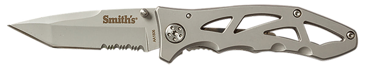 Smiths Caprella 2.95" Folding Pocket Knife Part Serrated Bead Blasted SS Blade Silver Skeletonized Handle