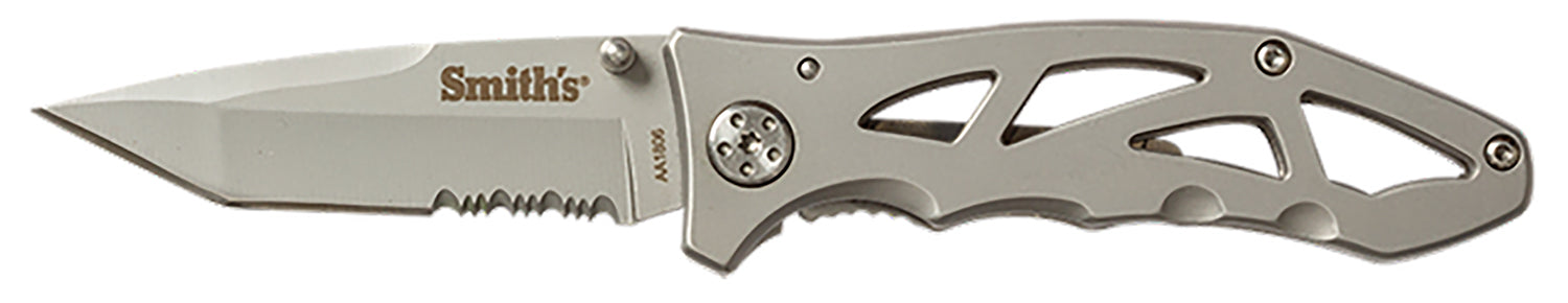 Smiths Caprella 2.95" Folding Pocket Knife Part Serrated Bead Blasted SS Blade Silver Skeletonized Handle