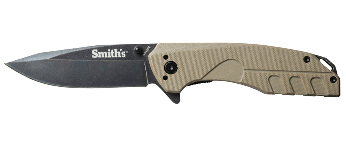 Smiths BattlePlan 3.35" EDC Folding Knife Black Stonewashed 400 SS Blade Tan G10 Handle Ball Bearing Pivot
