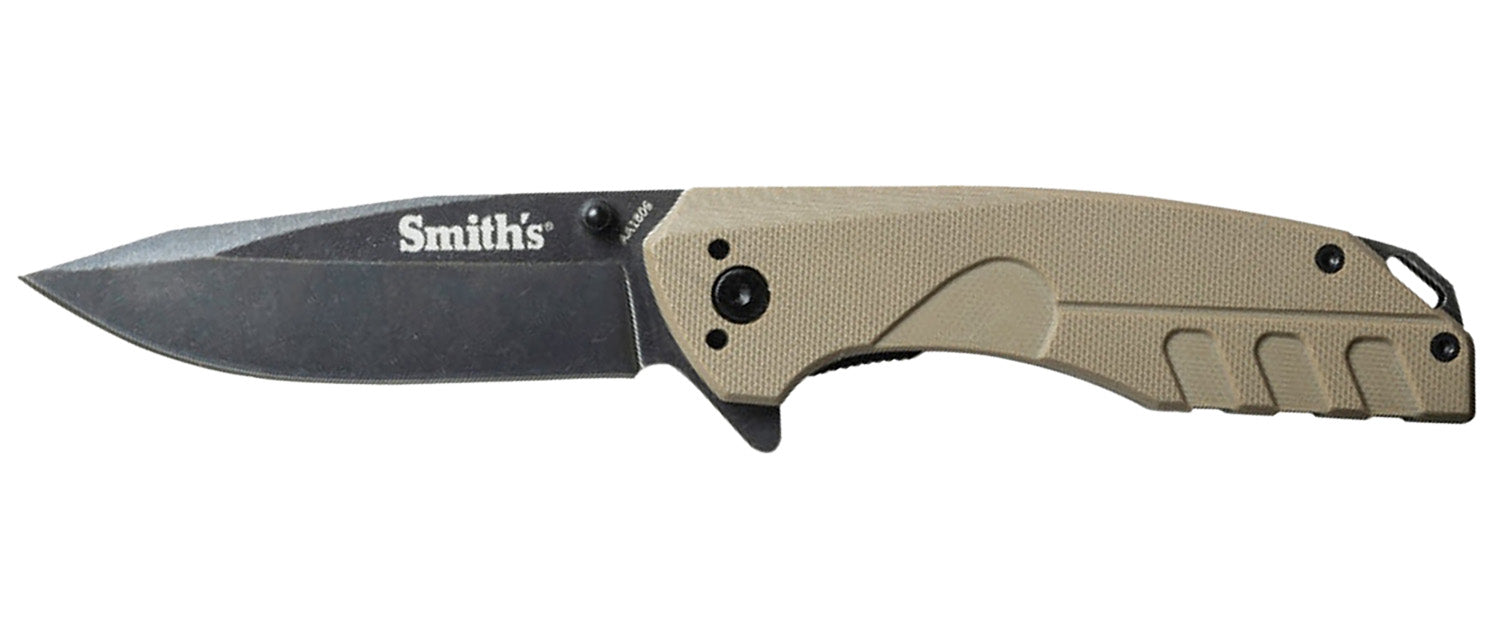 Smiths BattlePlan 3.35" EDC Folding Knife Black Stonewashed 400 SS Blade Tan G10 Handle Ball Bearing Pivot