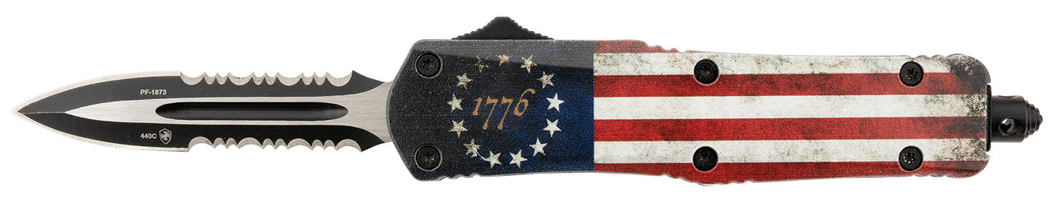 Templar SBRF431 Gen II Betsy Ross Flag OTF Dagger Part Serrated 440C SS Blade, Betsy Ross Aluminum Handle, Glass Breaker