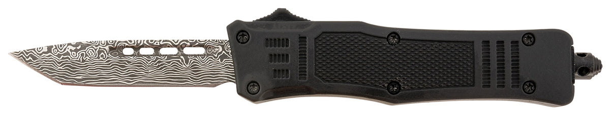 Steel River Spartan Mini OTF 2.75" Tanto Plain Laser Etched Damascus 440C SS Blade, Black Aluminum Handle