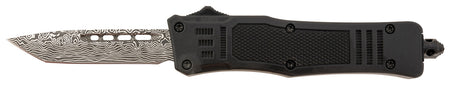 Steel River Spartan Mini OTF 2.75" Tanto Plain Laser Etched Damascus 440C SS Blade, Black Aluminum Handle