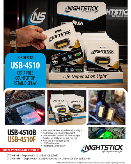 Nightstick CTD-4510M1 Retail Display 6 USB-4510B Black and 6 USB-4510F FDE Headlamps