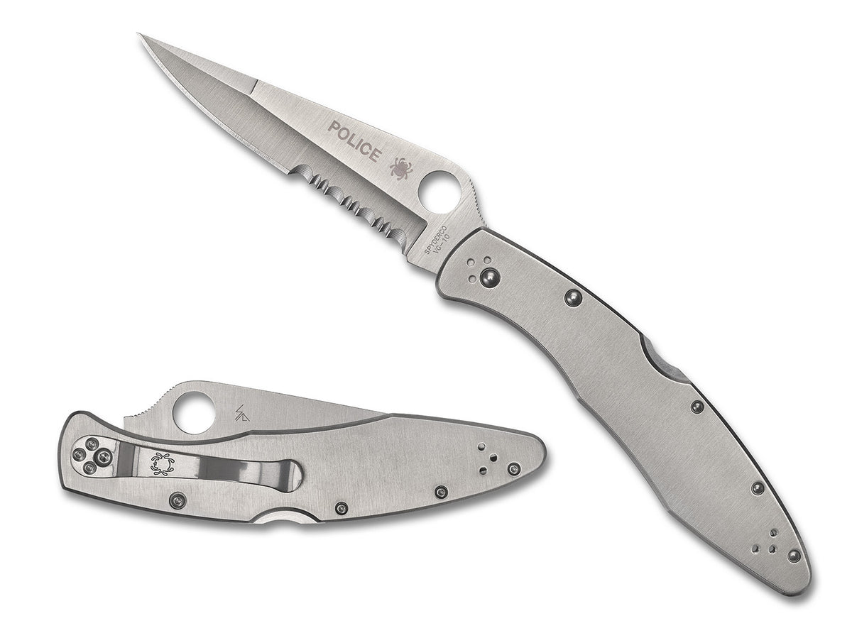 Spyderco C07PS Police 4.13" Plain Satin VG-10 Stainless Blade Folder with SS Handle and Pocket Clip