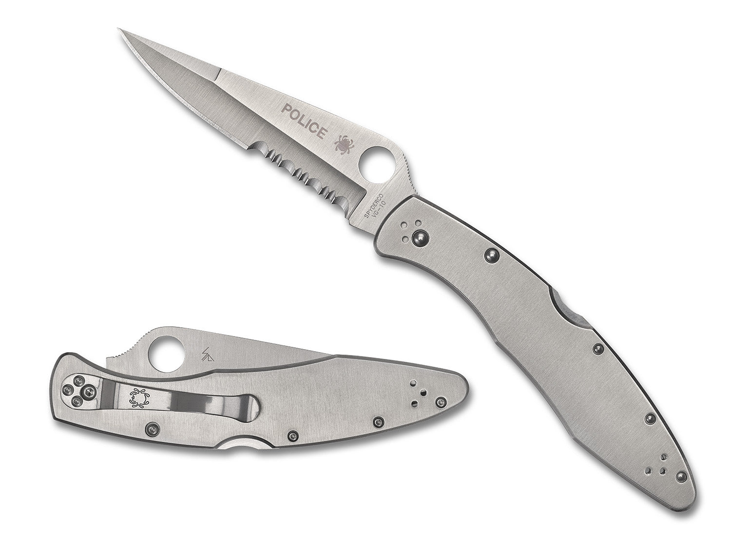 Spyderco C07PS Police 4.13" Plain Satin VG-10 Stainless Blade Folder with SS Handle and Pocket Clip