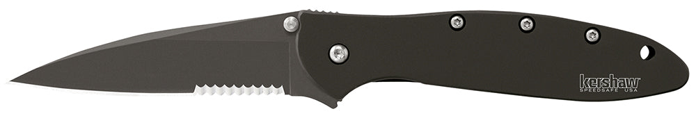 Kershaw 1660CKTST Leek Partially Serrated 3" Modified Drop Point 14C28N Black DLC Steel, Black Stainless Handle & Clip - USA Made