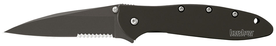 Kershaw 1660CKTST Leek Partially Serrated 3" Modified Drop Point 14C28N Black DLC Steel, Black Stainless Handle & Clip - USA Made