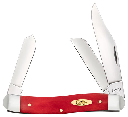 Case 10764 Stockman Folding Knife Clip Point/Sheepsfoot/Spey Plain Mirror Polished SS Blades, Smooth Dark Red Bone Handle with SS Bolsters