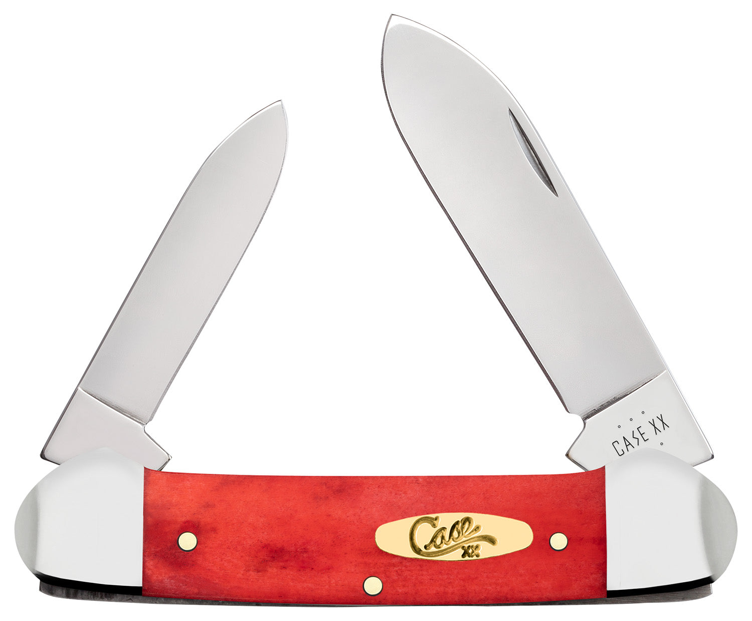 Case 10765 Canoe Folding Knife Pen/Spear Plain Mirror Polished SS Blades, Smooth Dark Red Bone Handle with Pinched SS Bolsters