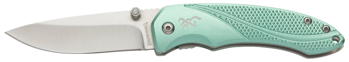 Browning Allure EDC 2.88" Folding Drop Point Knife 7Cr17MoV Stainless Blade Mint Green Aluminum Handle Pocket Clip