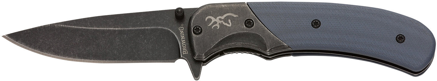 Browning Range EDC Compact 2.75" Folding Drop Point Knife Black Oxide Stonewashed SS Blade Black Blue Aluminum G10 Handle