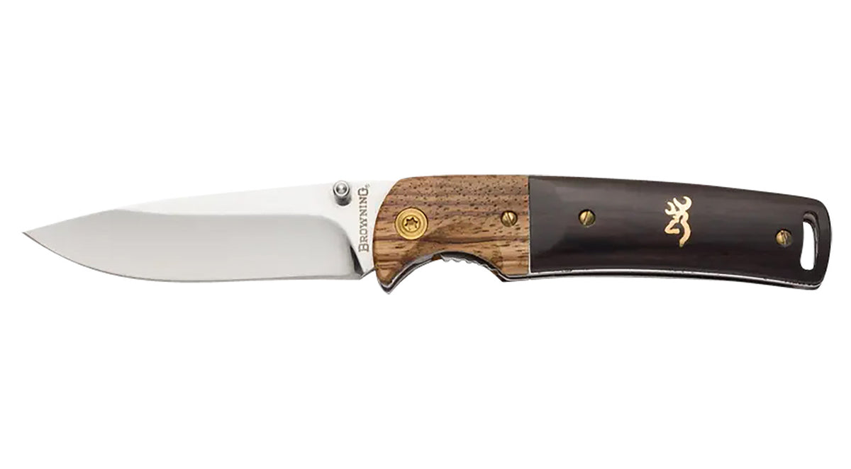 Browning Buckmark Hunter EDC 3" Folding Knife Mirror Polished 8Cr14MoV SS Blade Black/Natural Hardwood Brass Accents w/Clip