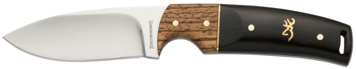 Browning Buckmark Hunter Fixed Blade 3.13" Drop Point 8Cr14MoV Mirror Polished SS Blade Zebra Hardwood Handle Includes Sheath