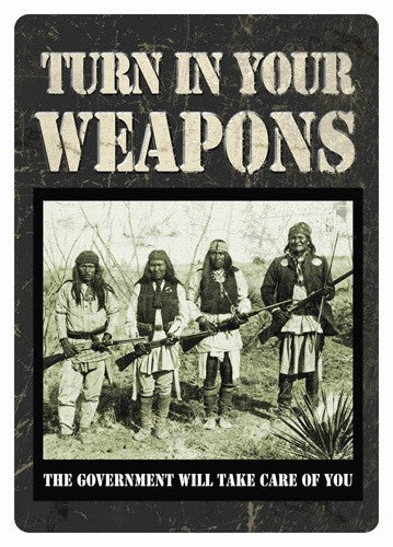 Rivers Edge 12x17 Embossed Tin Wall Sign - Turn In Your Weapons