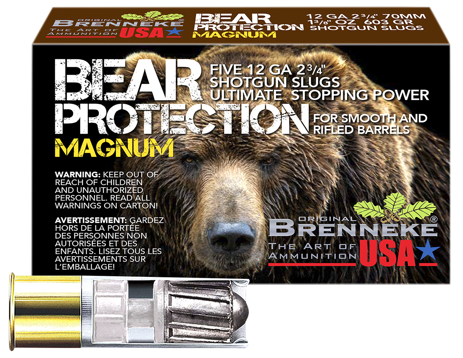 Brenneke 12 Gauge Shotgun Ammo Bear Protection Magnum 2.75 in 1-3/8 oz Slug