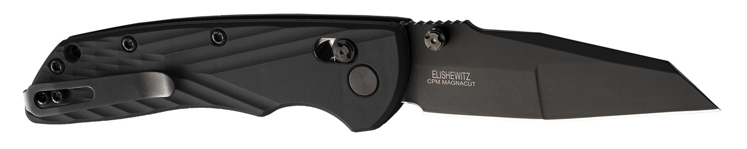 Hogue Deka 3.25" Wharncliffe Folding Pocket Knife, Black Cerakote CPM MagnaCut, Black Crosshatch GRN Handle & Clip