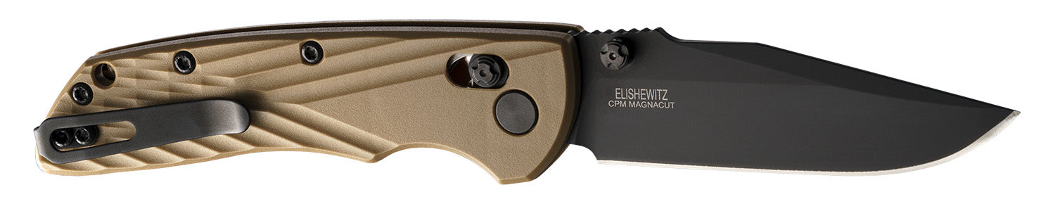 Hogue Deka 3.25" Clip Point Folding Pocket Knife, Black Cerakote CPM MagnaCut, FDE Crosshatch GRN Handle & Clip