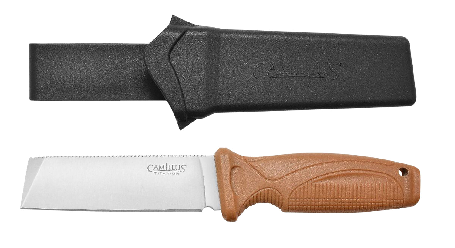 Camillus 19627 Swedge 4.30" Plain Silver Titanium Bonded Fixed Blade Knife with Tan Textured ABS Handle and Sheath