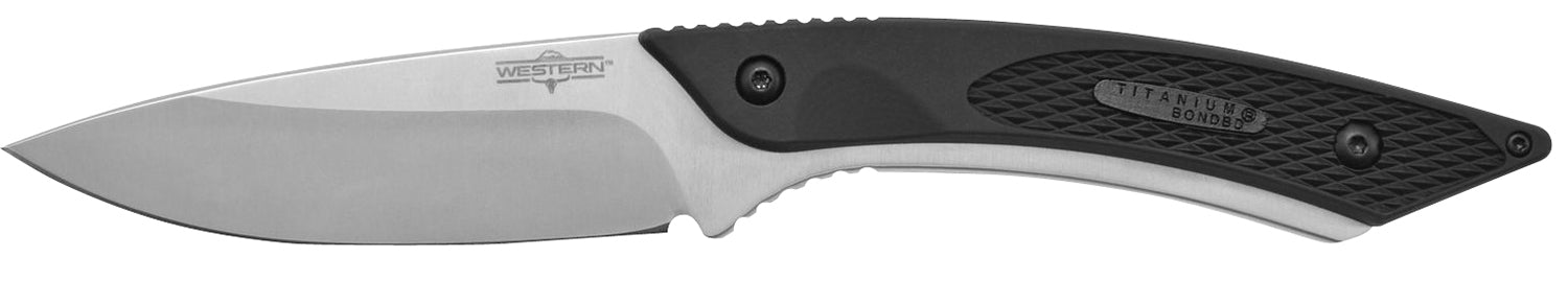 Camillus 19123 Western Coil 3.25" Plain Silver Titanium Bonded Fixed Blade with Black Rubber/SS Handle and Sheath