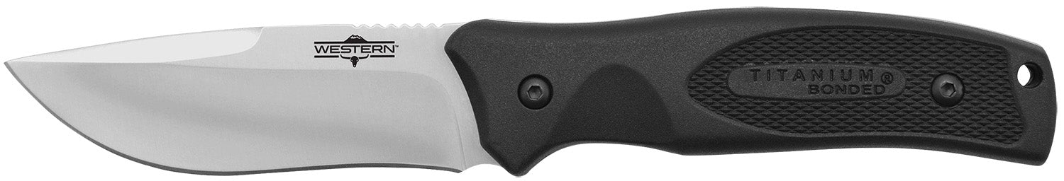 Camillus 19232 Western Black River 3.75" Fixed Blade Plain Satin Titanium Bonded, Black Rubber Ergonomic Handle with Ballistic Nylon Sheath