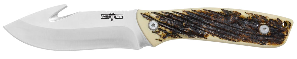 Camillus 19247 Western Crosstrail 4.25" Fixed Plain Gut Hook Titanium Bonded Blade, Stag Delrin Handle with Belt Loop and Sheath