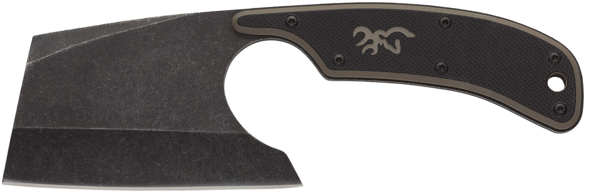 Browning Cutoff Camp Cleaver 2.50" Fixed Blade Black Oxide Stonewashed 9Cr14MoV SS Full Tang Black/Tan G10 Handle w/Sheath
