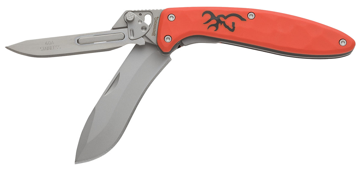 Browning Primal Scalpel 2 Folding Drop Point Knife 2.75" Blaze Orange SS Blade & Rubber Overmold Handle