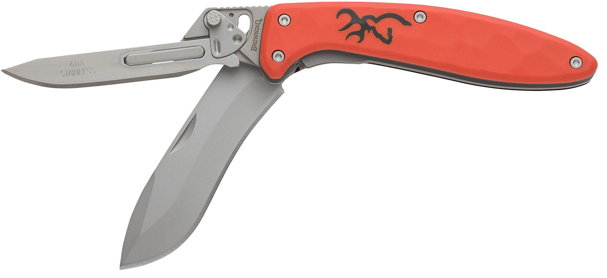 Browning Primal Scalpel 2 Box Pkg Folding Drop Point 2.75" Blaze Orange Blade Rubber Overmold Handle
