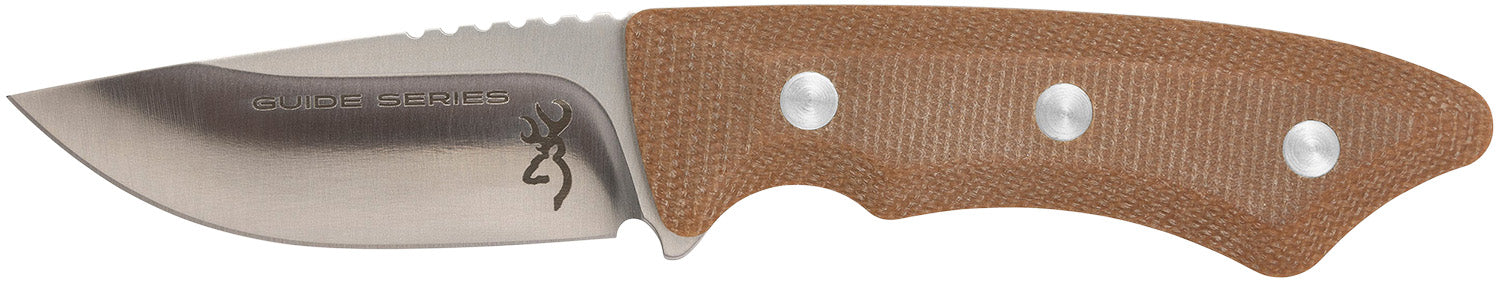 Browning Guide Series Small 3" Fixed Blade Drop Point Knife Satin Sandvik 14C28N Steel Brown Micarta Scales