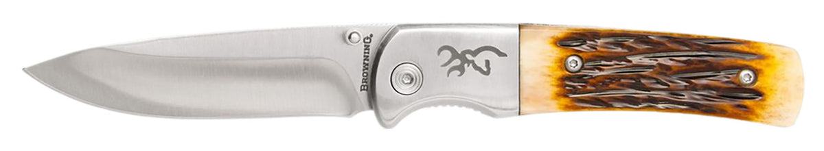 Browning Buckmark Hunter Folding Knife Thumb Stud Deploy Stainless Drop Point Blade Bone Handles