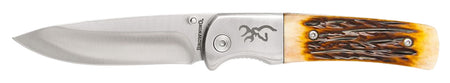 Browning Buckmark Hunter Folding Knife Thumb Stud Deploy Stainless Drop Point Blade Bone Handles