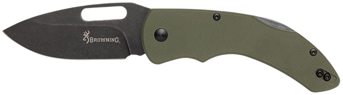 Browning Hidden Hollow Large Folding EDC Knife 3" D2 Steel Black Oxide Lockback OD Green G10 Handle