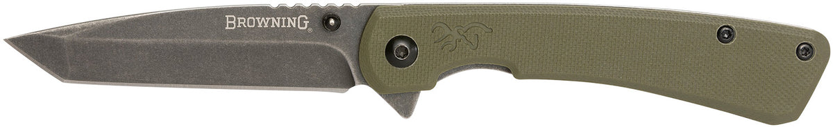 Browning Branded Rock EDC Folding Tanto 3" 7Cr17MoV Stonewashed Black SS Blade OD Green G10 Scales