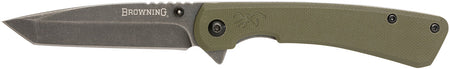 Browning Branded Rock EDC Folding Tanto 3" 7Cr17MoV Stonewashed Black SS Blade OD Green G10 Scales