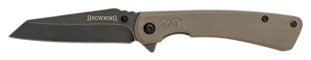 Browning Branded Rock EDC Folding Wharncliffe 3" 7Cr17MoV Stonewashed Black SS Blade FDE G10 Scales