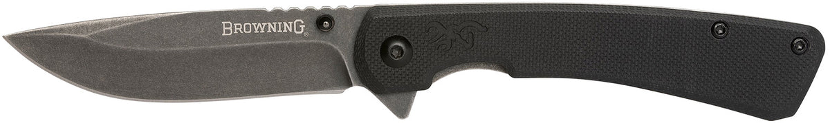Browning Branded Rock EDC Folding Drop Point 3" 7Cr17MoV Stonewashed Black SS Blade Black G10 Scales