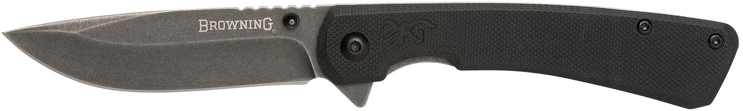 Browning Branded Rock EDC Folding Drop Point 3" 7Cr17MoV Stonewashed Black SS Blade Black G10 Scales