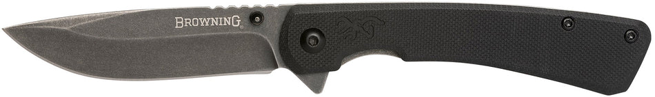 Browning Branded Rock EDC Folding Drop Point 3" 7Cr17MoV Stonewashed Black SS Blade Black G10 Scales