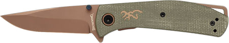 Browning Trailside Small Folding EDC Knife 3" D2 Tool Steel Titanium Finish Modified Drop Point Green Micarta