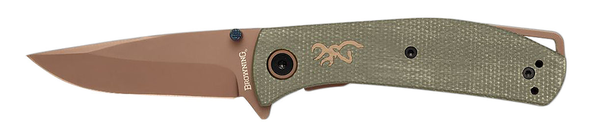 Browning Trailside Small Folding EDC Knife 3" Titanium Finish D2 Steel Drop Point Green Micarta Box Pkg
