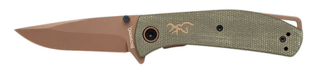 Browning Trailside Small Folding EDC Knife 3" Titanium Finish D2 Steel Drop Point Green Micarta Box Pkg